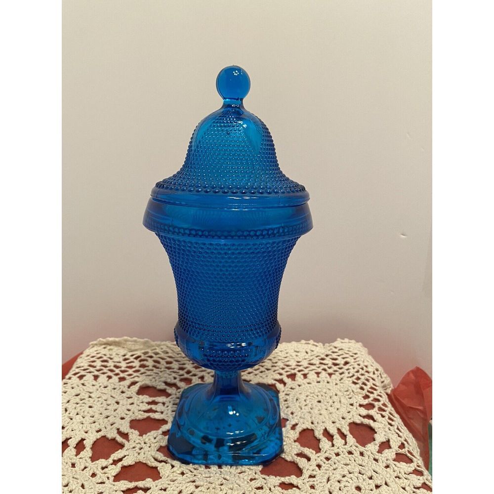 Blue Glass Lidded Apothecary Jar, Dot & Leaf Pattern, 10.5" tall Round W Sq Base